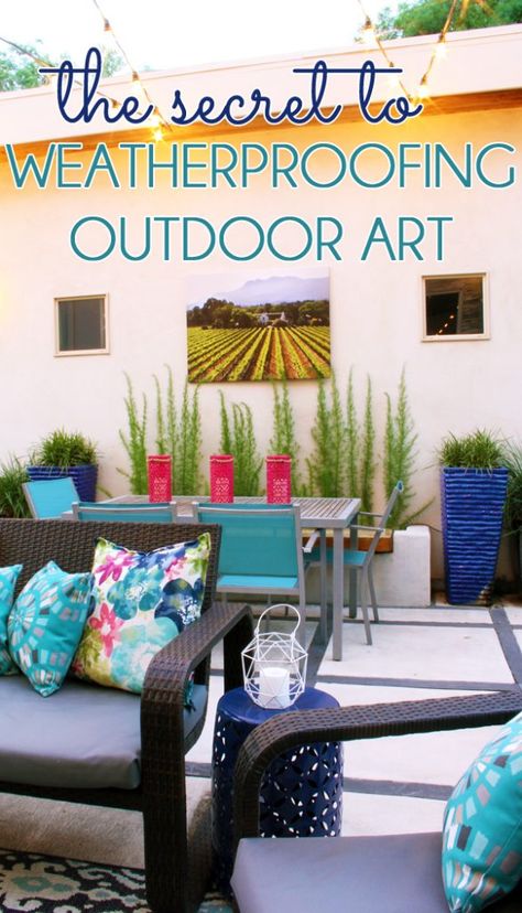 ADD STYLE TO THE OUTDOORS by weatherproofing canvas art to hang on an exterior wall. Learn the easy, DIY secret to making any piece of canvas art water repellent so that it can hang on your porch, patio, deck or backyard rain or shine. Patio Wall Art, Patio Wall Decor, Cheap Patio, Patio Wall, Metal Tree Wall Art, Canvas Photo, Outdoor Living Room, Pergola Patio, Outdoor Wall Art