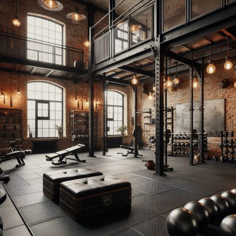 Get inspired by these stunning industrial home gyms featuring exposed brick and metal elements for a unique fitness environment. #HomeDecor #IndustrialStyle #BrickWalls #MetalFixtures #GymDesign Industrial Gym, Brick Wall Gym Interior, Gym Rustic Interior Design, Vintage Gym Aesthetic, Gym Design Industrial, Brick Gym Interior Design, Warehouse Gym Design, Gym Design Interior Industrial, Gym Warehouse