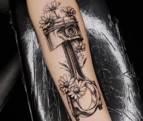 Diesel Mechanics Tattoo, Luke Tattoo, Wrench Tattoo, Piston Tattoo, Travel Tattoo Ideas, Cute Thigh Tattoos, Cowboy Tattoos, Tool Tattoo, Mechanic Tattoo