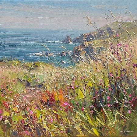 Cornwall Painting, Rex Preston, British Paintings, Red Rag, Countryside Paintings, Seascape Artwork, Grass Painting, Phone Things, Floral Landscape