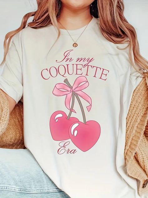 Cherry Print Drop Shoulder T shirt Short Sleeve Crew Neck - Temu Prints For Tshirts Ideas, Customized T Shirts, T Shirt Design Aesthetic, Aesthetic T Shirt Design, Aesthetic Tshirt Design Ideas, Contact Aesthetic, Coquette T Shirt, Girly Tshirt, T Shirts Ideas