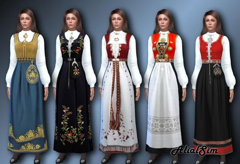 Sims 4 Norwegian Bunad Flares Outfit, Norwegian Clothing, Norwegian Bunad, Sims 4 Decades Challenge, Sims Medieval, Dresses And Tights, Medieval Clothes, Tumblr Sims 4, Boho Trends