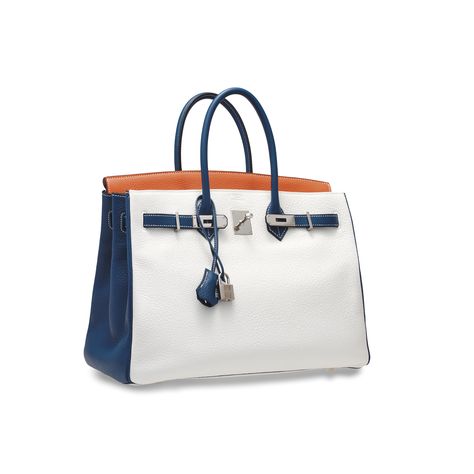 A CUSTOM WHITE, ORANGE & BLEU DE PRUSSE CLÉMENCE LEATHER BIRKIN 35 WITH PALLADIUM HARDWARE Birkin Bags, Luxury Bags Collection, Lv Bags, Womens Handbags, Cute Handbags, Hermes Handbags, Hermes Bags, Hermes Bag, Lv Bag