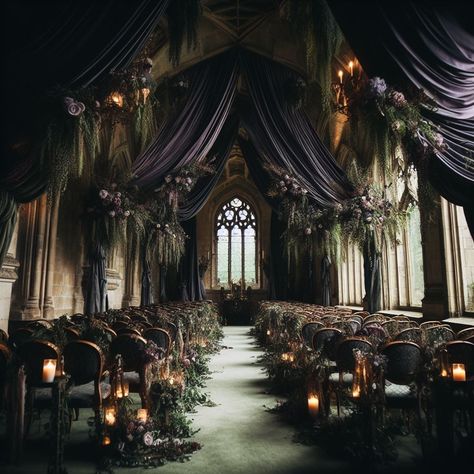 Dark Royalty Wedding, Gothic Venue Wedding, Dark Fairy Tail Wedding, Dark Wedding Venue Aesthetic, Romantic Goth Wedding Decor, Black Fairytale Wedding, Gothic Architecture Wedding, Goth Fantasy Wedding, Gothic Inspired Wedding