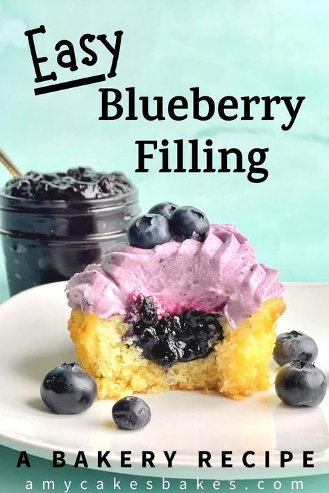 a vanilla cupcake with blueberry cupcake filling on a plate Blueberry Cake Filling Recipe, Easy Blueberry Cake, Cupcake Filling Recipes, Cupcake Fillings, Cupcake Filling, Blueberry Cake Filling, Blueberry Cupcake, Blueberry Frosting, Blueberry Filling