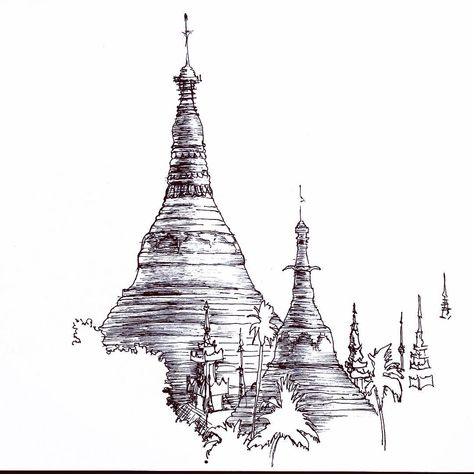 The most famous of the temples would have to be Shwedagon in Yangon.  Drawn from a photo as I'm not there yet but need the design this week.  #walkbackwardstogoforward #doodlesofinstagram  #Burma #Burmese #ihavethebestdayjob #doodle #doodleoftheday Myanmar Art Drawing, Pagoda Sketch, Thailand Scrapbook, Pagoda Drawing, Myanmar Pagoda, Asian Dragon Tattoo, Temple Tattoo, Temple Drawing, Buddhist Tattoo