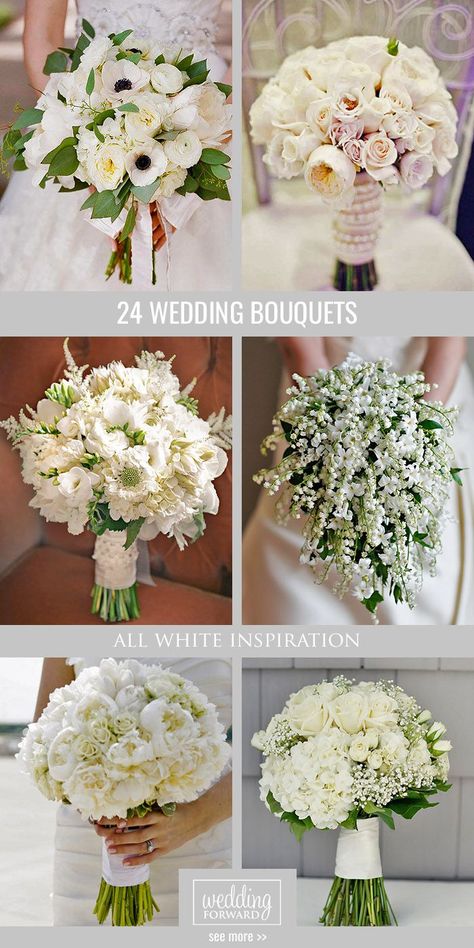 I like the middle left.  I don't like the bottom ones with all the same type of flowers, there isn't enough variety. Plain White Bouquet, Off White Flower Bouquet, Round Wedding Bouquets White, Wedding Bouquets Fresh Flowers, Fresh Bouquet Flowers Wedding, Best Bridal Bouquet Flowers, White Flower Bridal Bouquet, White Wedding Bouquets Elegant, Simple White Wedding Bouquets