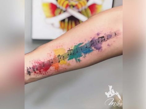 45 Music Tattoo Ideas for Audiophiles - Headphonesty Watercolor Tattoo Music, Music Related Tattoos, Music Tattoo Ideas, Watercolor Music, Drum Tattoo, Music Notes Tattoo, Typography Tattoo, Tattoo Wedding Rings, Lyric Tattoos