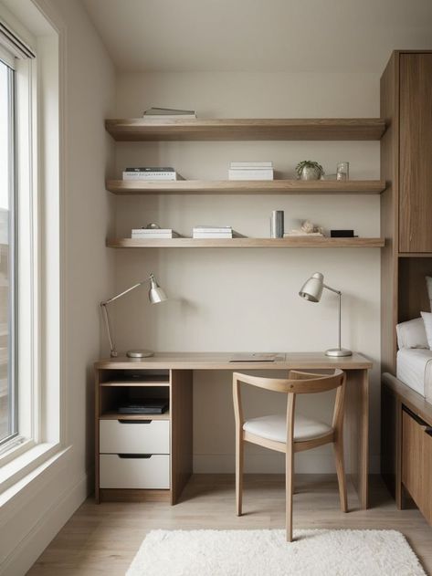 Create a functional and stylish bedroom with a desk by placing it against a wall near a window for natural light. Pair it with a sleek, modern chair and add a floating shelf above for extra storage and organization. Above Desk Ideas, Desk Arrangement Ideas, Shelf Above Desk, Bedroom With A Desk, Shelves Above Desk, Desk Arrangement, Desk Arrangements, Arrangement Ideas, Desk Ideas