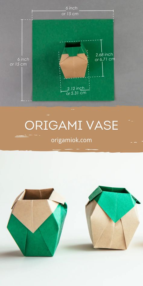 This easy origami vase is designed to be functional. Its well-designed folds and lovely shape make it a unique decorative piece, while its sturdy construction allows you to put dried flowers, origami flowers, or other lightweight items in it. Origami Vase Easy, Origami Flower Pot, Origami Flower Vase, Xmas Origami, Origami Pot, Origami Plants, Origami Vase, Origami Bowl, Paper Flower Vase