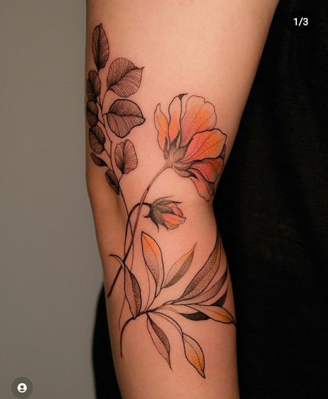 Splash Of Color Tattoo, Line Shoulder Tattoos For Women, Floral Tattoo Linework, Tattoos With Pops Of Color, Fine Line Color Tattoo, Plant Arm Tattoo, Tattoos On Both Arms, Color Flower Tattoo, Ankle Tattoo Ideas