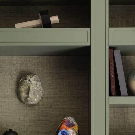 Arent&Pyke on Instagram: "We framed things differently with sage green custom joinery in the study softened by grass cloth surfaces and sprinklings of treasured objects that spark enquiry.    BAY HOUSE 2024    Builder: @oneupbuilding  Photography: @smartanson  Photo styling: @jackmilenkovic @atelier_lab  Custom joinery designed by: A&P  Grass cloth wall and joinery covering from: @elitisfrance  Blue sconce from: @mondoluce_lighting  Chair by: Cherner  Ceramic bowl (right shelves, top)  by: David Collins from @planetau  Coloured glazed ceramic (left shelf, on right) by: Amelia Lynch from @arthousegallery  Vases (left shelf, on left) from: @planetau    #sydneyinteriordesigner  #australianinteriordesigner   #customjoinery   #bayhouse #luxuryapartment   @arentpyke #arentandpyke" Shelf Detail, Arent Pyke, Green Study, David Collins, Joinery Design, Stone Interior, Australian Interior Design, Joinery Details, Chimney Breast