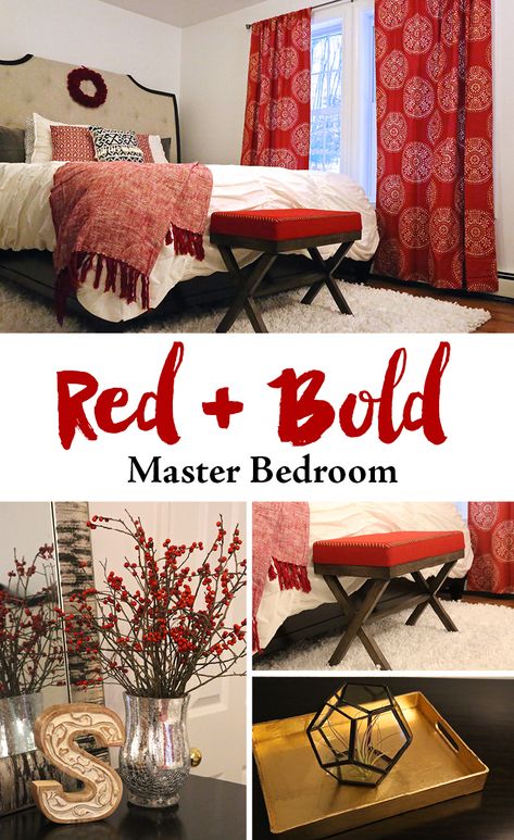 Red Accent Bedroom, Gold Bedroom Decor, Ideal Bedroom, Bedroom Reveal, House Makeover, Budget Decorating, Gold Bedroom, Red Home Decor, Bedroom Red