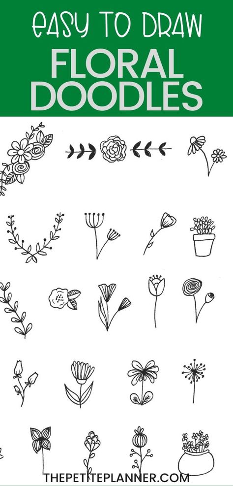 Learn how to draw 25 easy floral doodles that you can use in your bullet journal, planner, or just to improve your drawing skills! #howto #doodling #tutorial Small Flower Doodles Simple, Simple Words Quotes, Easy To Draw Tattoos, Easy Floral Drawing, Easy Floral Doodles, Easy Flower Doodles, Doodle Tutorial, Small Doodles, Doodling Tutorial