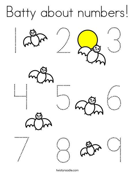 Batty about numbers Coloring Page - Twisty Noodle Fall Sheets, Spider Math Activities, Nocturnal Animals Activities, Spiders Preschool, Fall Preschool Worksheets, Tracing Font, Bats Activities, Daycare Lesson Plans, Kindergarten Coloring