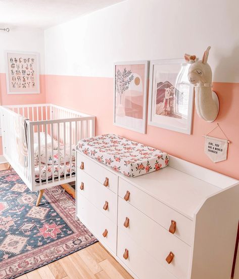 Mid Century Nursery, Ruggable Rugs, Half Painted Walls, Ikea Spice Rack, Nursery Reveal, Boho Mid Century, Girl Nursery Room, Nursery Room Inspiration, Nursery Paintings