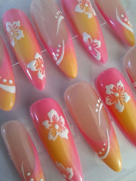 Hibiscus Flower Nails Orange And Pink, Early 2000s Flower Nails, Aura Hibiscus Nails Almond, Airbrush Summer Nails, Aura And French Tip Nails, Habisquis Nails, Yellow Hibiscus Nails, Y2k Hibiscus Nails, Aura Hibiscus Nails