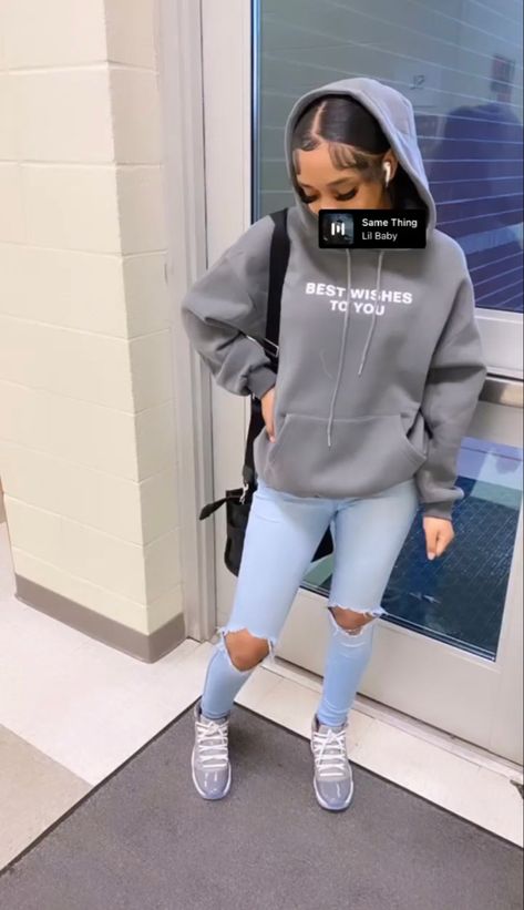 Cool Greys Outfits Black Women, Jeans With Hoodie Outfit, Shoe Game Outfits, Cute Tomboy Outfits Black Women, Cool Grey 11s Outfits Black Women, Bummy Outfits For School Winter, Grey Hoodie Outfit Woman, Grey Outfits For Black Women, Outfits For 8th Grade