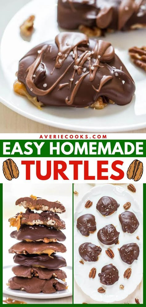 A must-have holiday recipe! 4 ingredients are all you need for these quick and easy homemade turtles. With a combo of pecan, caramel, and chocolate, this turtle candy is a no-bake Christmas dessert no one will be able to resist. Great as a gift idea, too! Peanut Turtle Clusters, Pecan Turtles Recipe, Caramel Turtles, Turtles Recipe, Homemade Turtles, Turtle Recipe, Turtle Candy, Pecan Halves, Turtles Candy