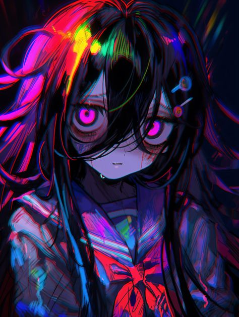 #neoncore #cutecore #justcallmezomb Neon Punk Art, Glitch Character, Anime Coll, Creepy Face, Creepy Faces, Anime Canvas Art, Punk Art, Cute Food Art, Gothic Anime