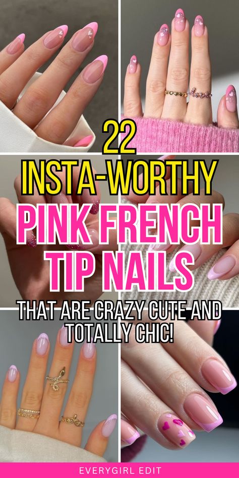 pink French tip nails, pink French tips, pink French tip nail designs, pink French tip nail ideas, pink French tip nail inspo, pink French tip nail art. Cute Simple French Nails, Pink French Tips Glitter, Fun Nail Tip Designs, February French Tip Nails, French Manicure With Heart Design, French Tip Acrylic Nail Ideas, Bubblegum Pink French Tip Nails, French Tip 2024, Pink French Tip Nails Oval