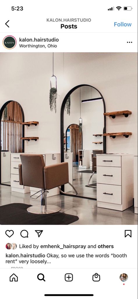 Small Hair Station Ideas, Open Floor Salon Ideas, Space Saving Salon Station, Double Suite Salon, Hair Salon Styling Stations, 900 Sq Ft Salon Layout, Full Length Mirror Salon Station, Salon Styling Station Ideas, Boho Salon Station