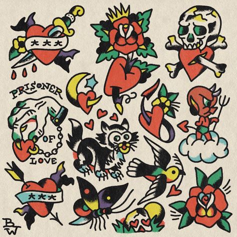 Valentines Day Flash hot and ready for your skin! I will be tattooing off this sheet for this whole week, so If you can’t make it tomorrow,… | Instagram Valentine’s Day Traditional Tattoo, Sailor Jerry Flash Sheet, Afycso Tattoo, Vintage Tattoo Flash Sheet, Valentines Flash Sheet, Dan Higgs Flash, Valentine’s Day Flash, American Traditional Tattoo Flash Sheet, American Trad Flash