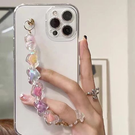 A clear case with a chain attached with clear and colorful hearts. Cute Love Heart, Jelly Case, Modern Heart, Heart Chain, Clear Iphone Case, Hand Strap, Crystal Chain, Hand Chain, Cute Cases