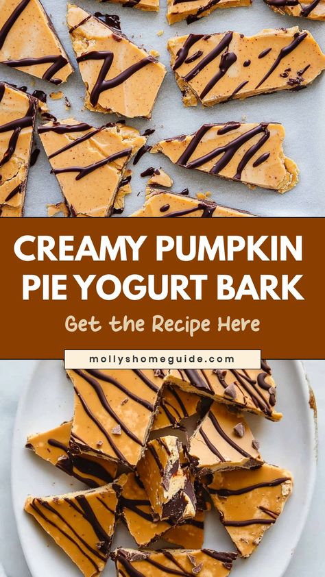 Indulge in the perfect fall treat with this delicious and easy-to-make pumpkin pie yogurt bark. With just a few simple ingredients, you can enjoy the flavors of autumn in every bite. This healthier alternative to traditional pumpkin pie is packed with protein from the yogurt and makes for a satisfying snack or dessert. Share this recipe with your friends and family to spread the joy of seasonal sweets! Healthier Pumpkin Pie, Pumpkin Yogurt Bark, Pumpkin Pie Yogurt, Whipped Greek Yogurt, Creamy Pumpkin Pie, Traditional Pumpkin Pie, Almond Milk Yogurt, Pumpkin Syrup, Healthy Pumpkin Pies