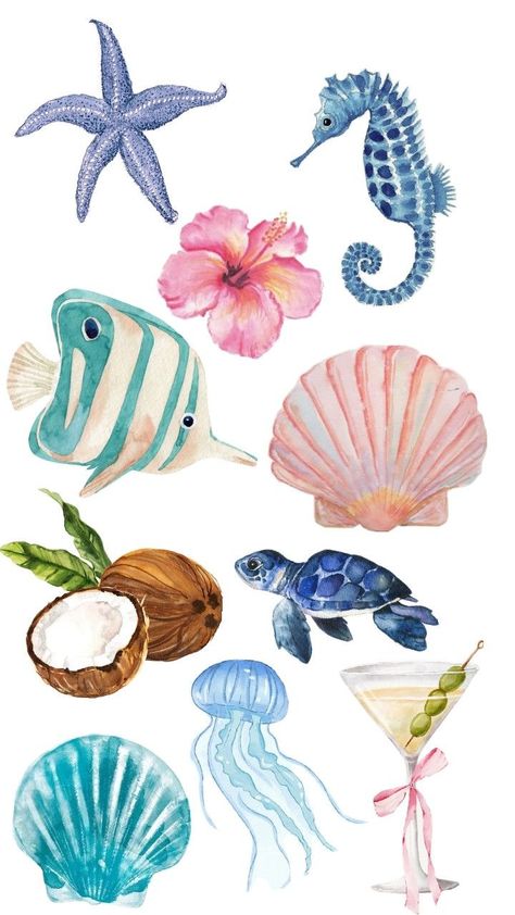 Sea Animal Drawings, Watercolor Ocean Animals, Watercolor Sea Animals, Seashell Watercolor, Starfish Watercolor, Seahorse Watercolor, Watercolor Seashells, Sea Flowers, Summer Wallpapers