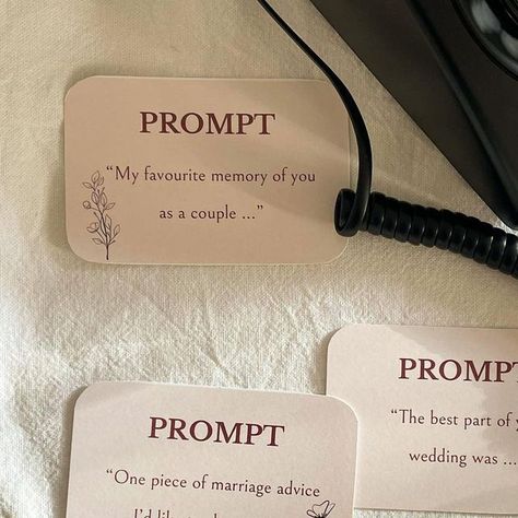 Leave A Message on Instagram: "Prompt cards are a great way to give guests inspo on what to say in their recordings 📞   Super cute when paired with matching signage (remember audio guestbooks MUST have signage next to them or else your guests won’t know what to do 🤣)  Keen on prompt cards for your event? Ask your stationary designer to take the lead, or chat to us when you book - we’d love to help.   This pic features our black phone, book her for your special day 🖤" Smith Wedding, Audio Guest Book, Book Prompts, Us When, What To Say, Black Phone, Say What, Wedding Guest Book, Guest Book