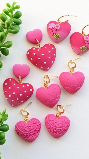 Polymer Clay Heart Earrings, Polymer Clay Earrings Diy Ideas, Valentine Polymer Clay, Halloween Earrings Polymer Clay, Clay Valentine, Polymer Clay Hearts, Clay Heart Earrings, Paper Beads Diy, Shalwar Design