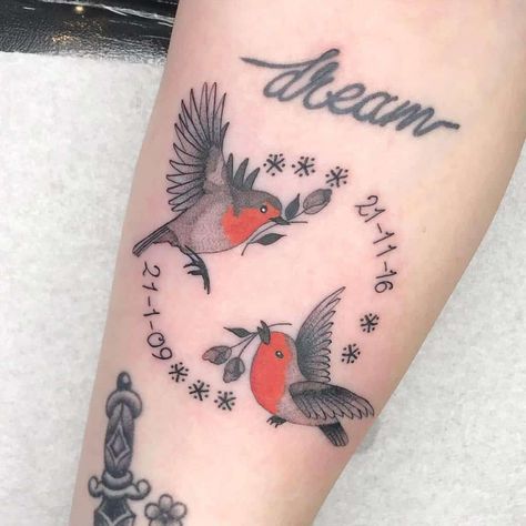 Flying Robin Tattoo Playboi Bensucci Two Robins Tattoo, Robin Flying Tattoo, Tiny Robin Tattoo, Robin Tattoo Ideas, Brother Memorial Tattoo, Robin Bird Tattoos, Red Robin Bird, Robin Tattoo, Tiny Bird Tattoos