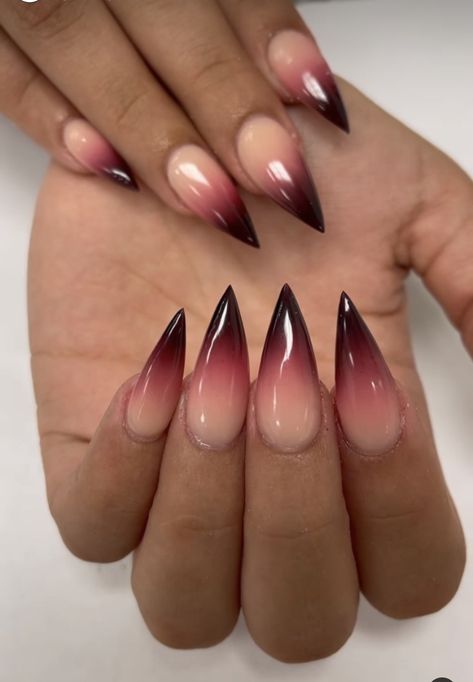 Vampire Ombre Nails, Spooky Season Nails Stilleto, Demon Nails Acrylic, Witchy Wedding Nails, Blood Nail Designs, Black And Red Ombre Nails Almond, Nail Inspo Gothic, Short Stiletto Nail Designs, Succubus Nails