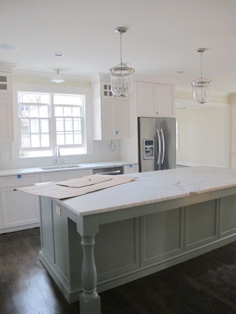 design indulgence: A project update....kitchen island. Kitchen Island With Columns, Kitchen Island Bar, Kitchen Island With Seating, Kitchen Island Design, Grey Kitchens, Kitchen Redo, Trendy Kitchen, Kitchen Paint, Large Kitchen