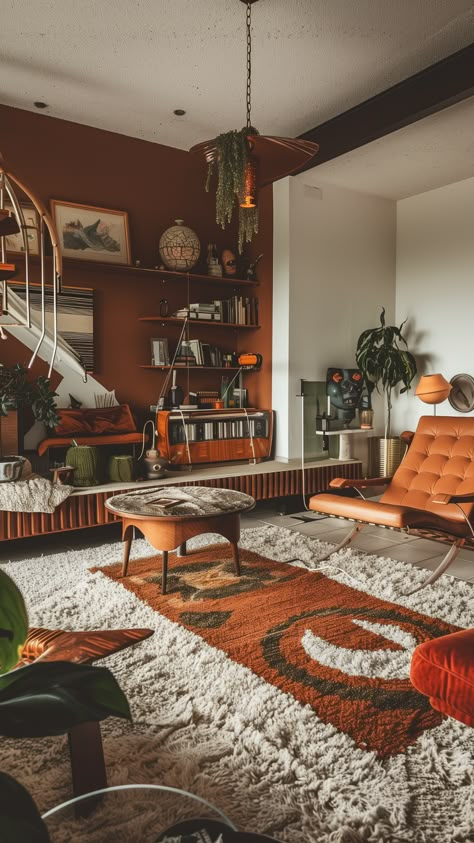 Cozy Retro Living Room, Boho Retro Living Room, 70s Living Room, 70s Interior Design, Modern Boho Home, 70s Interior, Retro Living Rooms, 70s Home, Casa Vintage