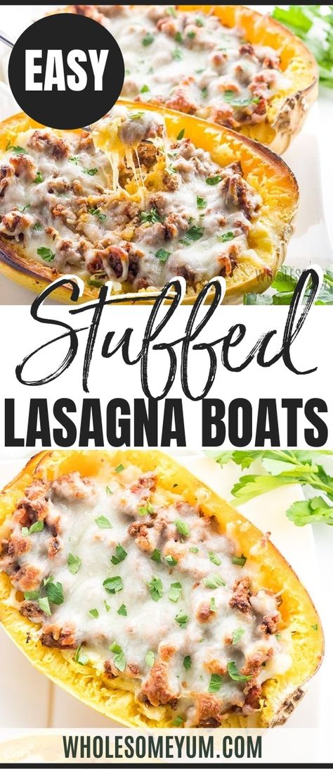 Low Carb Stuffed Spaghetti Squash Lasagna Boats Recipe with Meat Spaghetti Squash Lasagna Boats, Squash Lasagna Recipe, Lasagna Boats, Keto Spaghetti Squash, Meat Spaghetti, Keto Spaghetti, Healthy Squash Recipes, Kasey Trenum, Spaghetti Squash Recipes Healthy