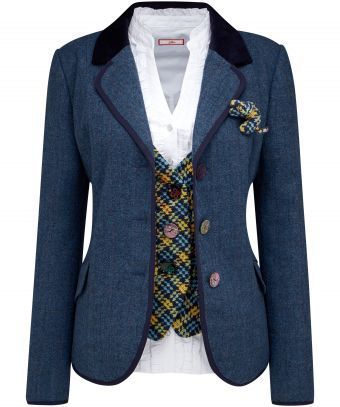 Joe Browns blue jacket £70.00 sizes 8-18 Suits For Women Brown, Mode Tips, Country Fashion, Women Coats, Joe Browns, Velvet Trim, Cat Brooch, Blazer Outfits, Business Attire