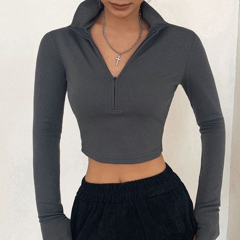 Mock Neck Crop Top, Turtle Neck Crop Top, Streetwear Mode, Style Party, Cropped Tops, Long Sleeve Turtleneck, Mua Sắm, Fashion Streetwear, Solid Clothes