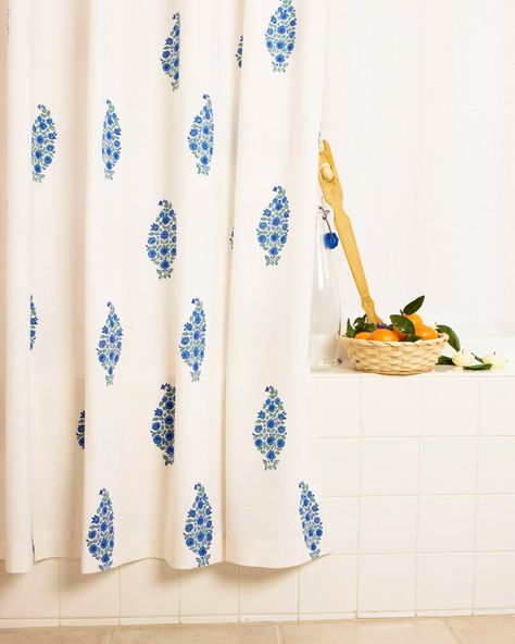 Blue Southern Night Designer Luxury Fabric Tropical Beach | Etsy Cottage Showers, French Country Curtains, Country Shower Curtain, Southern Nights, Elegant Shower Curtains, Country Baths, Cotton Shower Curtain, Country Curtains, Lake Living