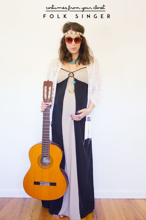 Costumes From Your Closet // Folk Singer | Lovely Indeed Singer Costume Ideas, 60s Halloween Costumes, Hippie Costume Diy, Work Appropriate Halloween Costumes, Women Singers, Creative Halloween Costumes Diy, Quick Halloween Costumes, Singer Costumes, Zombie Bride