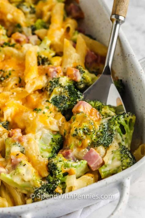 This tasty broccoli and cheese casserole is easy to make in the oven for a busy weeknight. Just assemble and bake the ingredients as directed. #spendwithpennies #broccolicasserole #entree #sidedish #recipe #casserole #ham #cheesy #simple #easy #best #cheese Ham Pasta Casserole, Pasta Ham, Broccoli And Cheese Casserole, Cheese Casserole Recipes, Ham And Egg Casserole, Ham And Cheese Casserole, Ham And Noodle Casserole, Ham Broccoli, Recipe Casserole