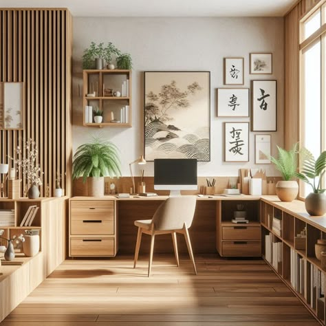 Japandi Bedroom Office, Japandi Craftsman, Japandi Interiors Office, Japanese Inspired Office, Japandi Office Space, Japandi Office Interior, Japandi Desk Setup, Japandi Study Room, Organic Modern Home Office