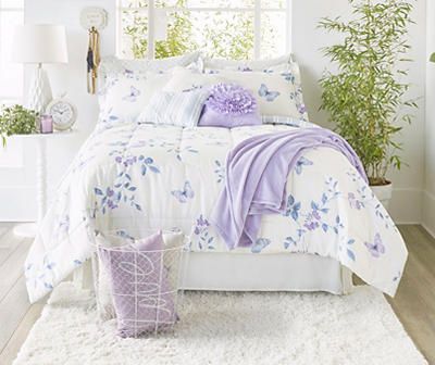 Purple Bedspreads Comforters, Purple Beach Bedroom, Purple And Blue Bedding, Purple Butterfly Room Ideas, Blue And Purple Bedroom Decor, Lilac And Blue Bedroom, Purple Butterfly Bedroom, Purple Comforter Sets, Ada Bedroom