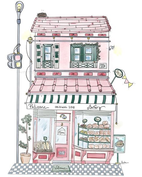 We are grateful for the new bakery that has opened 24/7 right where we live! 💖🍰 Bakery Shop Aesthetic Drawing, Bakery Drawing Cute, Bakery Drawing Aesthetic, Bakery Drawing Illustration, Bakery Drawing Easy, Cake Shop Drawing, Patisserie Drawing, Cute Bakery Drawing, Book Shop Drawing