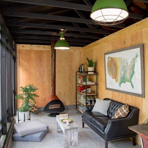 Budget Breakdown: A Weekend DIY Turns a Neglected Garage Into a Backyard Hangout For $13K #garageconversion #diy Malm Fireplace, Pollo Tropical, Detached Garage Designs, Backyard Hangout, Schoolhouse Electric, Garage Room, Modern Garage, Classic Lighting, Garage Conversion