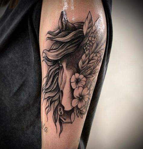 Horse Back Tattoo Women, Horse And Cow Tattoo, Horse Tattoo Ideas For Women Arm, Horse Sleeve Tattoos For Women, Horse Thigh Tattoo, Horse Flower Tattoo, Horse Tattoo With Flowers, Grandchild Tattoo, Horse And Flower Tattoo