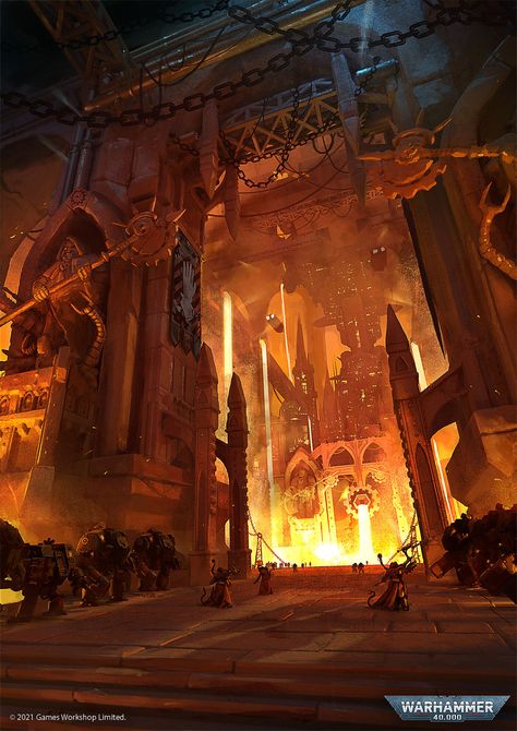 Gorgon’s Forge by Samuele Bandini - 40K Gallery Warhammer 40k Environment Art, Dwarven Forge Concept Art, Hive City 40k, Fantasy Forge Concept Art, Forge Concept Art, Forge Aesthetic, Fantasy Forge, Dwarven Forge, Dark Heresy