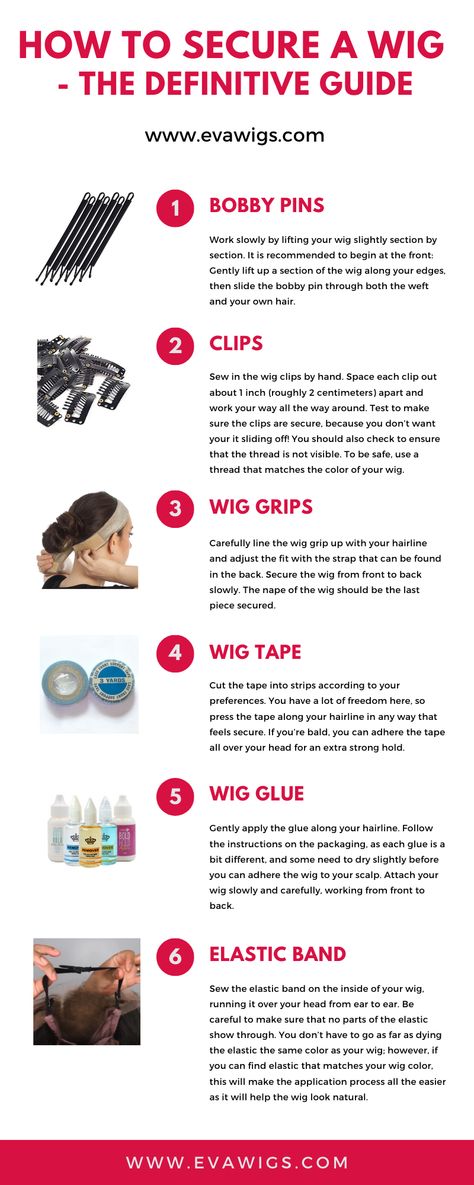 How to secure a wig with bobby pins, clips, wig grips, wig tape, with got2b glued or Bold Hold glue, how to secure a wig with elastic band...... All the information included in this article: https://www.evawigs.com/blog/how-to-secure-a-wig-the-definitive-guide.html #howtosecureawig #howtoapplyawig #wigapplication #howtoputonawig How To Put On A Wig, Wig Foundation, Natural Hair Journey Tips, Hair Journey Tips, Wig Installation, Curl Wig, Got2b Glued, Wig Care, Hair Salon Logos