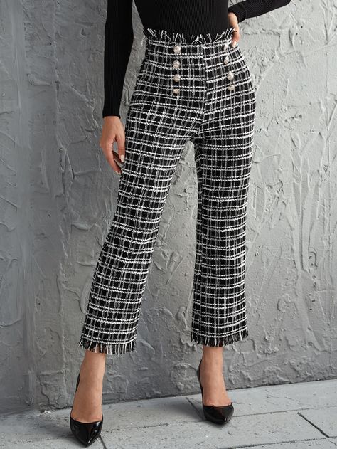 Double Breasted Frayed Trim Tweed Pants | SHEIN USA Tweed Pants Outfit Women, Tweed Pants Outfit, Chanel Inspired Outfit, Tweed Fashion, Tweed Pants, Tweed Trousers, Tweed Shorts, Pencil Skirt Black, Women Pants